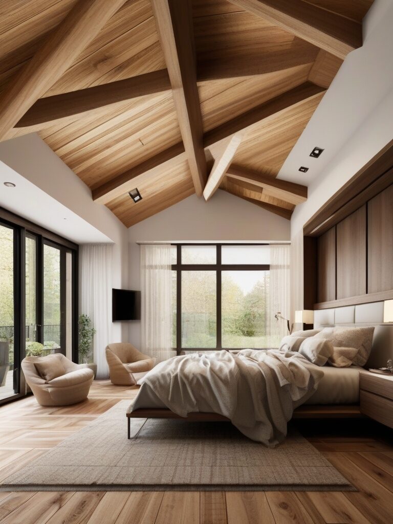 Wood Paneling and Beams to Decorate Bedroom Ceiling